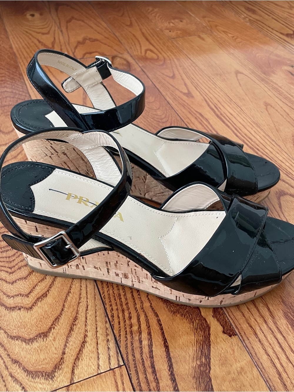 Prada Black Patent Leather Cork Wedge Sandals